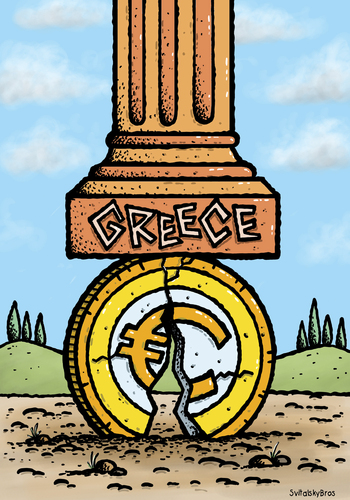 Cartoon: Greece crisis crush the euro (medium) by svitalsky tagged greece,crisis,cartoon,euro,coin,area,column,svitalsky,svitalskybros,griechenland,krise,finanzkrise,wirtschaftskrise