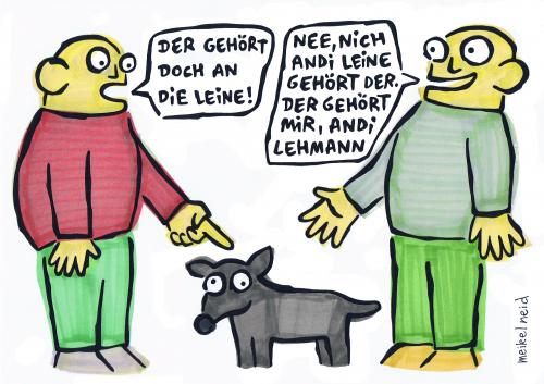 Cartoon: andi leine (medium) by meikel neid tagged leine,hund,hunde,tiere,tier,andi,lehmann,perro,cane,cagna,perra,leinenzwang,geschirr,ordnungsamt,fahrkarte,meikel,neid,boek