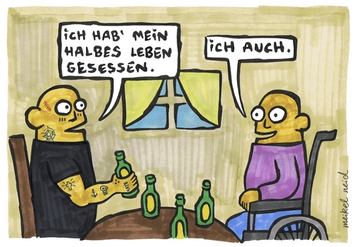 Cartoon: gesessen (medium) by meikel neid tagged knast,gefängnis,rollstull,sitzen,tattoo,tätowierung,behinderung,behindert,knacki