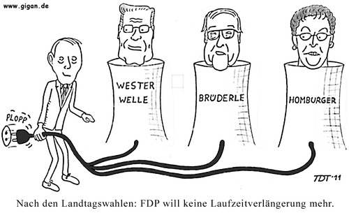 Cartoon: FDP gegen Laufzeitverlängerung (medium) by TDT tagged laufzeit,atomkraft,homburger,brüderle,lindner,westerwelle,fdp