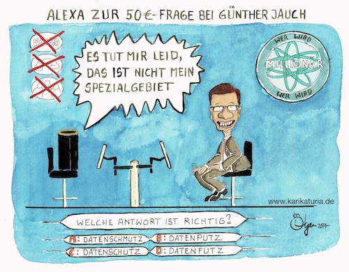 Cartoon: Alexa (medium) by Bernd Ötjen tagged alexa,datenschutz,datenschmutz,datenputz,datenschützer,amazon,echo,audio,spracherkennung,mikrofone,wlan,netzwerk,smart,home,sprachbotschaften,cloud,gespeichern,nutzerprofil,abhören,lauschen,privatsphäre,wohnung,spionage,digitaler,assistent,informationen,unbehagen,günther,jauch,millionär,gast,tv,sendung,fernsehen,studio,spezialgebiet,intelligenz