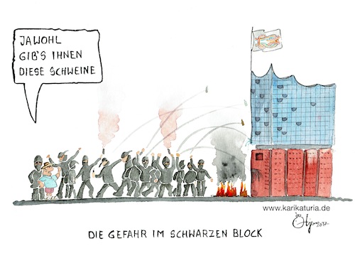 Cartoon: Hasskommentar in der Praxis (medium) by Bernd Ötjen tagged unterstützer,bürger,gesellschaft,respektlos,polizei,schwarzer,block,hamburg,g20,demonstration,demos,treffen,hass,gewalt,zerstörung,elbphilharmonie