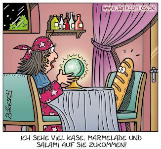 Cartoon: rosige zukunft (medium) by pentrick tagged wahrsagerin,fortuneteller,bread,brot,