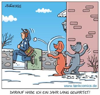 Cartoon: winterspaß (medium) by pentrick tagged tankcomics,comics,tank,cartoon,bökesch,gerd,snowball,schneeballschlacht,tiere,animals,snow,schnee,dogs,postman,postbote,hunde,winter