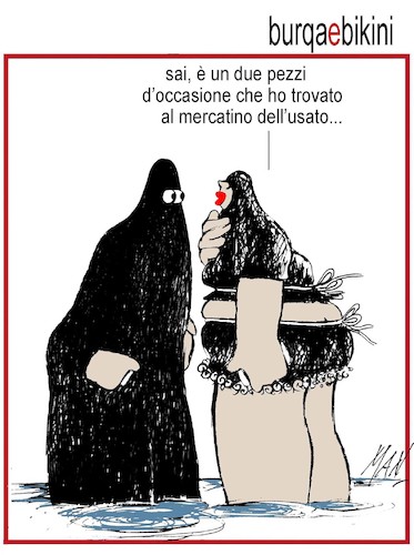 Cartoon: burqa e bikini (medium) by Enzo Maneglia Man tagged vignette,umorismo,grafico,mare,burqa,bikini,estate,fighillearte,piccolomuseo,di,fighille,man,maneglia