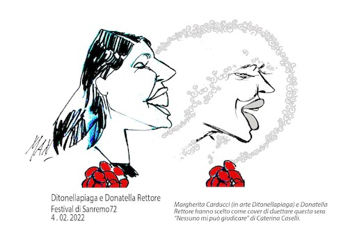 Cartoon: DITONELLAPIAGA e RETTORE (medium) by Enzo Maneglia Man tagged itonellapiaga,donatella,rettore,caricature,ritratti,grafici,cantanti,cantaautori,sanremo72