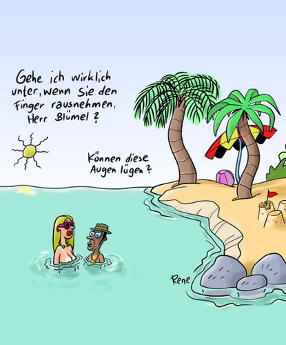 Cartoon: Blümels rettender Finger (medium) by rene tagged strand,see,meer,liebe,erotik,ferien,baden,beziehungen,mann,kavalier,gentleman,wasser,finger,sonne