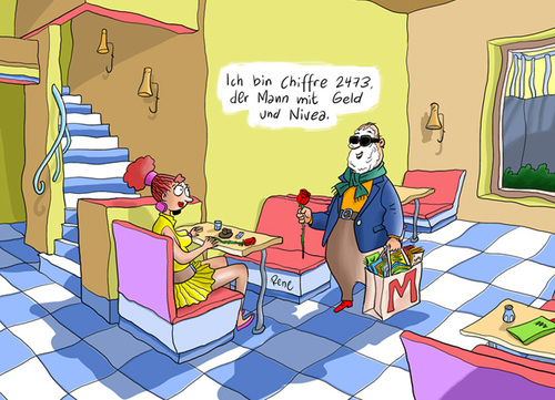 Cartoon: Das Blinddate (medium) by rene tagged blinddate,treffen,mann,frau,beziehungen,nivea,geld,prahlen,liebe,suche
