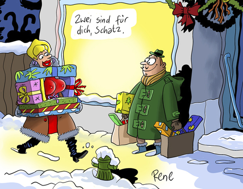 Cartoon: Zwei Geschenke (medium) by rene tagged weihnachten,geschenke,geschenk,mann,frau,liebe,busen,freude,wunschliste,christkind