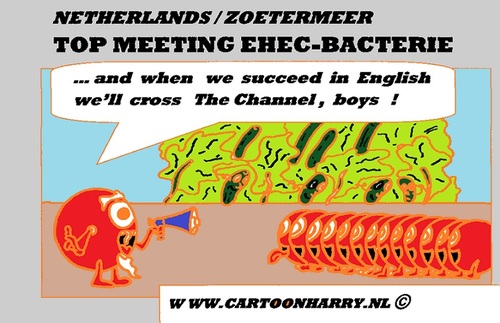 Cartoon: EHEC-bacterium Problems (medium) by cartoonharry tagged attack,surrender,ehec,bacterium,cartoon,cartoonist,cartoonharry,dutch,germany,spain,holland,england,cumcummer,tomatoes,toonpool