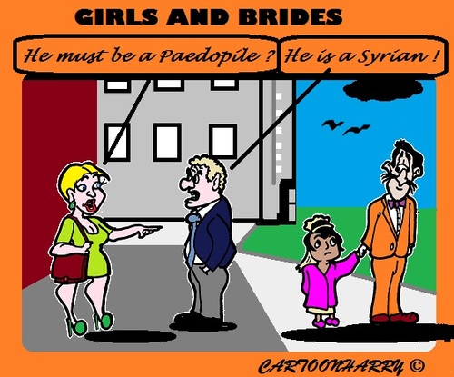 Cartoon: New in the Netherlands (medium) by cartoonharry tagged netherlands,holland,refugees,syrians,brides,paedophiles,girls