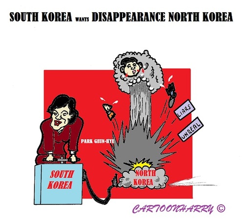 Cartoon: North Korea - South Korea (medium) by cartoonharry tagged nkorea,skorea,parkgeunhye,liars,unreal,blowup,cartoonharry,korea