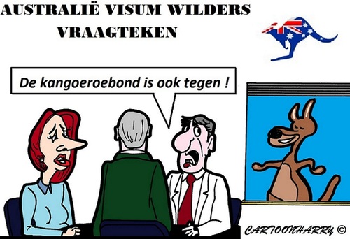 Cartoon: Visum Wilders (medium) by cartoonharry tagged wilders,gillard,visum,australie,vraagteken,kangoeroe,cartoon,cartoonist,cartoonharry,dutch,toonpool