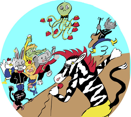 Cartoon: zebra party (medium) by Dekeyser tagged zebra,fanzine,rabbit,pig,rat,music,concert,elephant,crocodile