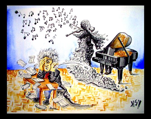 Cartoon: BEETHOVEN AND THE LACK OF IDEAS (medium) by joschoo tagged beethoven,paper,lack,of,ideas,circle,think
