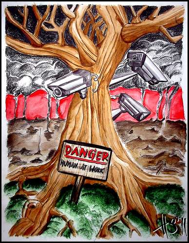 Cartoon: DANGER-HUMAN AT WORK (medium) by joschoo tagged nature,self,defense,monitoring,surveillance,destruction,planet,green,danger,human,camera