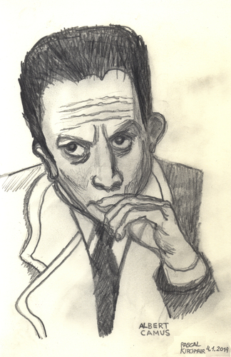 Cartoon: Albert Camus (medium) by Pascal Kirchmair tagged ecrivain,philosophe,france,frankreich,fremde,etranger,albert,camus,litterature,literatur,nobelpreis,prix,nobel,schriftsteller