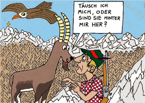 Cartoon: Capra Ibex (medium) by Pascal Kirchmair tagged steinbock,alpen,jäger,chasseur,chasser,jagen,gams,gämse,gemse,cacciatore,cacciare,traquer,hunting,hunter,chasing,berge,adler,tirol,tiroler,älpler,tyrolien,tyrol,tyrolean,tirolo,tirolese,bouquetin,capricorn,stambecco,fährtensucher