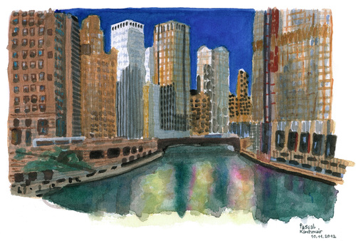 Cartoon: Chikago (medium) by Pascal Kirchmair tagged skyline,wolkenkratzer,skyscrapers,michigansee,lake,michigan,from,river,riverside,chikago,ois,hometown,reelection,obama,barack,wasserspiegelungen