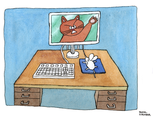Cartoon: Cyber-attack (medium) by Pascal Kirchmair tagged raton,katze,cat,maus,cyber,attack,mouse,computer,ordinateur,war,cartoon,caricature,karikatur