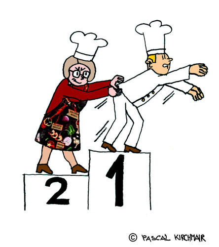 Cartoon: Das Kochduell (medium) by Pascal Kirchmair tagged comic,cartoon,reihung,platzierung,stockerl,bocuse,paul,haube,küche,koch,chef,cook,siegertreppchen,prize,competition,contest,kochduell,cooking,cajun,rezept,recipe,oma,grandma,granny