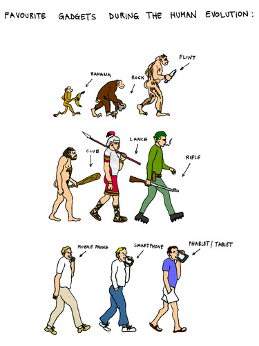Cartoon: Favourite Gadgets of Humanity (medium) by Pascal Kirchmair tagged lieblingsspielereien,gadgets,favourite,favorite,humaine,menschliche,evolution,human