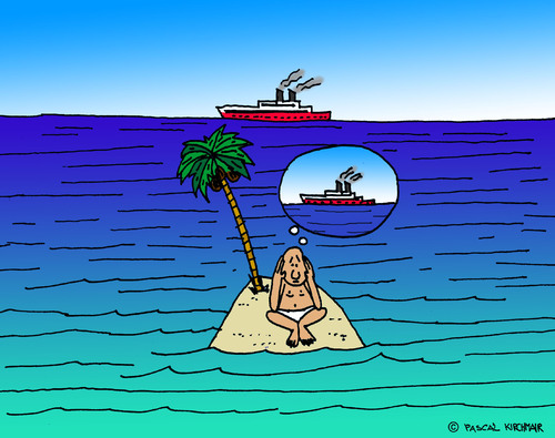 Cartoon: Die verpasste Chance (medium) by Pascal Kirchmair tagged hoffnung,hope,island,ile,isle,gestrandet,ship,schiff,stranded,insel,crusoe,robinson,kreuzfahrt,einsamkeit