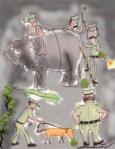 Cartoon: Bomb Scare (medium) by kar2nist tagged bombsquad,dung,elephant,bombing,terrorists,bobm