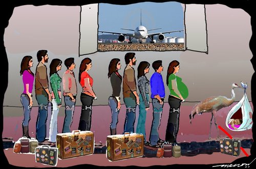 Cartoon: custom clearance (medium) by kar2nist tagged custom,clerance,stork,air,travel,flight,delivery,pregnant,woman