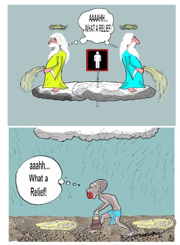 Cartoon: holy piss (medium) by kar2nist tagged holiness,rain,urinate,water,scarcity,parched,earth