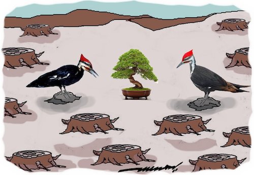 Cartoon: last vestige (medium) by kar2nist tagged nature,eforestation,fauna,felling,trees,woodpecker