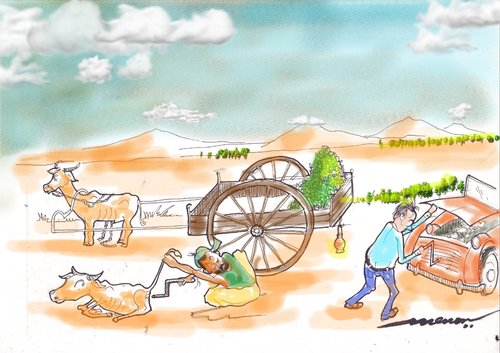 Cartoon: Starting Trouble (medium) by kar2nist tagged india,cranking,carts,bullock,roads,problems,starting