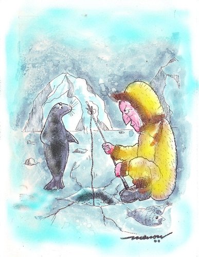Cartoon: Territorial Conflicts (medium) by kar2nist tagged floes,ice,antartic,artic,fishing,intruder,conflicts,territorial,animals