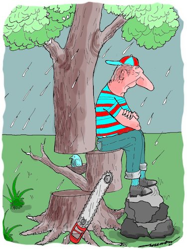 Cartoon: The Seat (medium) by kar2nist tagged tree,felling,bird,rain