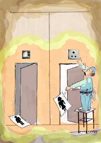Cartoon: Toilet Electrification (medium) by kar2nist tagged sign,loo,womens,mens,painter,electrician,painting,toilet