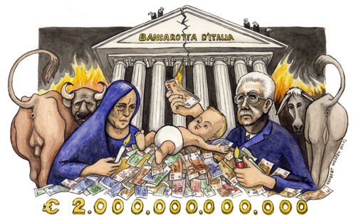 Cartoon: Bancarotta di Italia (medium) by Niessen tagged dept,euro,italy,schulden,italien,debito,italia,monti,bankrott