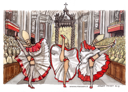 Cartoon: Gay pride in Vaticano (medium) by Niessen tagged homosexuell,priester,tanzen,priests,dance,gay,preti,can,ballare,pietro,san