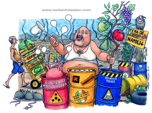 Cartoon: Land of fire (medium) by Niessen tagged garbage,waste,toxic,fire,italy,south,campania,mozzarella,fruits,farmer,supermarket