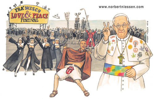 Cartoon: Love and Peace (medium) by Niessen tagged papst,nonne,mönch,priester,fest,rock,frieden,liebe