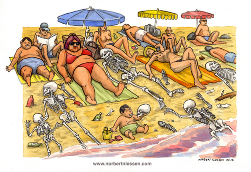 Cartoon: Mare nostrum (medium) by Niessen tagged sea,sun,summer,skeletons,bones,bathers,immigrants,dead,illegals