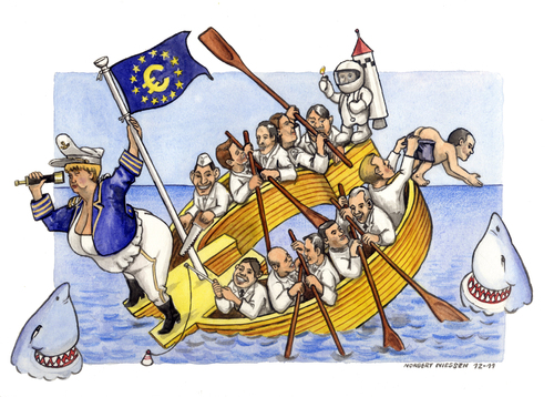 Cartoon: Save the Euro (medium) by Niessen tagged euro,merkel,danger,safe,emergency,shark,gefahr,rettung,hilfe,hai