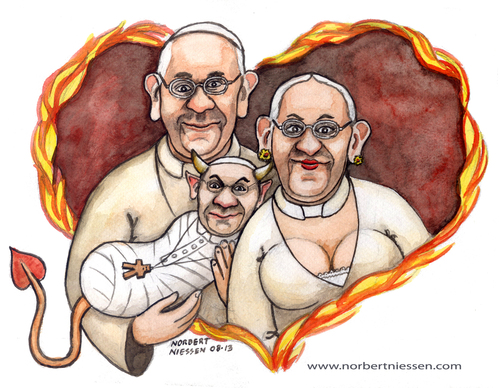 Cartoon: The pope family (medium) by Niessen tagged papa,papessa,diavolo,amore,cuore,fuoco,bambino,pope,popess,devil,love,heart,fire,child,papst,päpstin,teufel,liebe,herz,feuer,kind