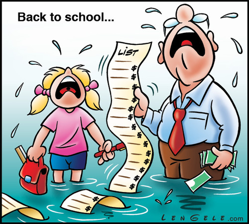 Cartoon: Back to School (medium) by Carayboo tagged back,school,year,vacation,work,september,fall,price,list,books,money,cry,water