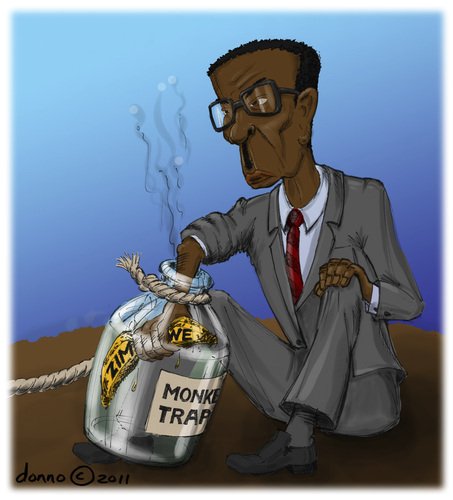 Cartoon: Mugabe in a Monkey Trap (medium) by donno tagged mugabe,zimbabwe,monkey,trap,banana