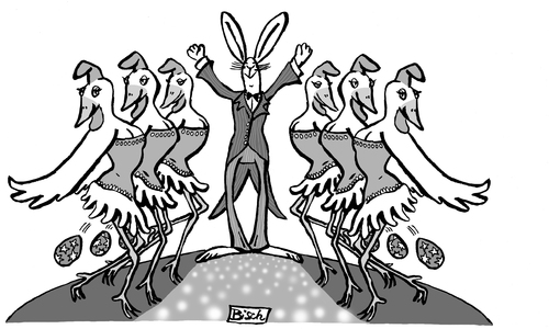 Cartoon: easter cabaret (medium) by BiSch tagged kabarett,cabaret,eiertanz,ostern,easter,bunny,ei,egg,huhn,chicken,osterhase,kabarett,ostern,eiertanz,ei,eier,tiere,hühner,huhn,hahn
