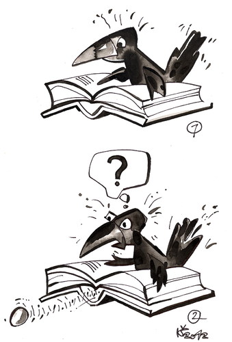 Cartoon: ACCIDENT IN THE LIBRARY (medium) by Kestutis tagged bird,vogel,rook,ei,egg,bibliothek,education,book,library,accident,textbook