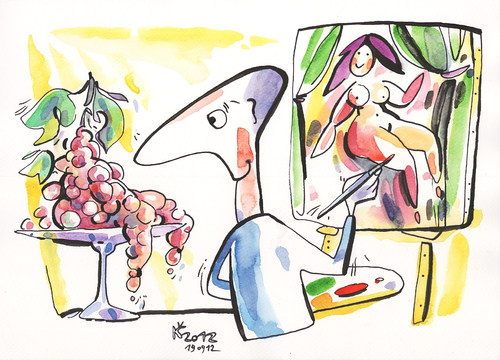 Cartoon: ARTIST AND MODEL (medium) by Kestutis tagged pinsel,brush,autumn,herbst,woman,man,traube,grape,artist,model,kestutis,siaulytis,lithuania,künstler,malerei,painting