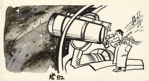 Cartoon: ASTRONOMER (medium) by Kestutis tagged astronomer,galaxy,stars,music,violin,telescope,observatory