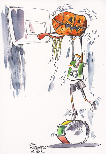 Cartoon: BASKETBALLER NIGHTMARE (medium) by Kestutis tagged fan,halloween,sport,drum,trommeln,summer,olympics,2012,london,pumpkin,nightmare,basketball,lithuania,kestutis,siaulytis