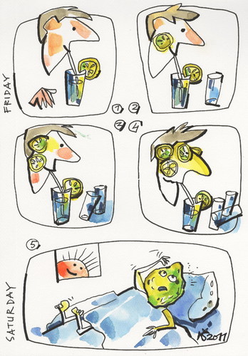 Cartoon: COCKTAIL WITH LEMON (medium) by Kestutis tagged evening,comic,strip,lithuania,kestutis,saturday,friday,lemon,cocktail,party,night,morning
